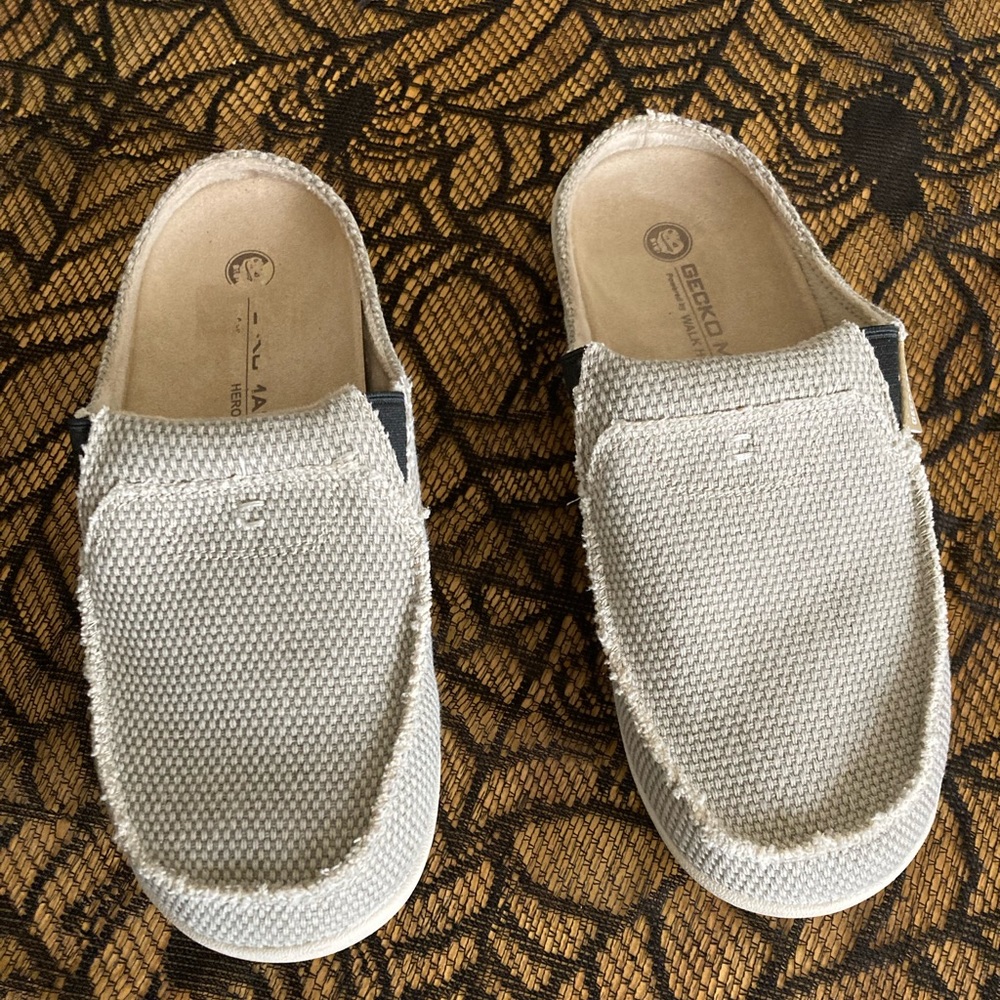 Mens Gecko Man by Walk Hero Khaki Canvas Arch Support  Comfort Slides Sz 9